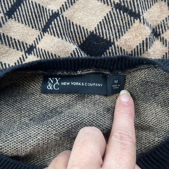 NY&C Knit Dress Sz M Argyle Preppy Dark Academia Plaid Cottagecore Puff Sleeve - Picture 10 of 13